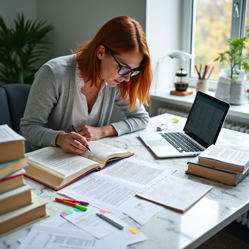 Specialist lingvist la birou cu dicționare și documente