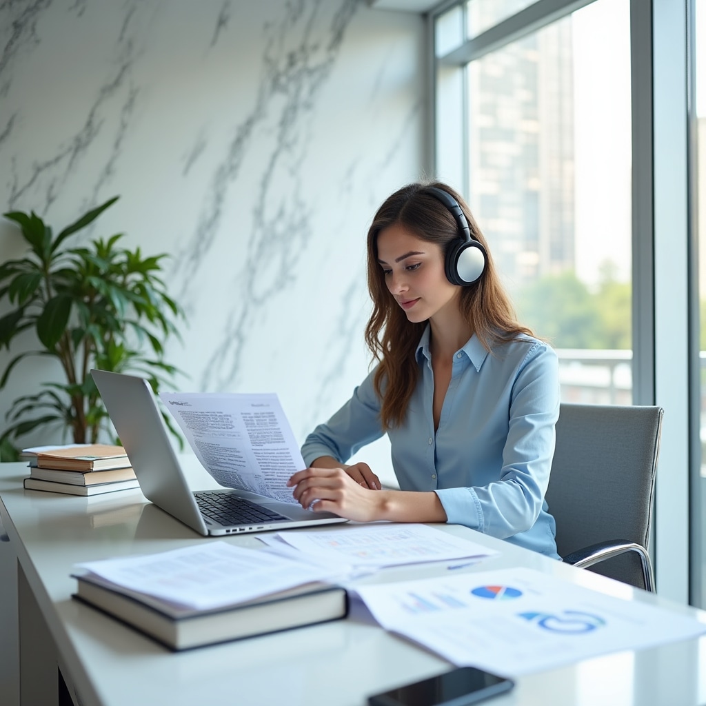 Spațiu de lucru pentru traduceri profesionale cu documente și laptop